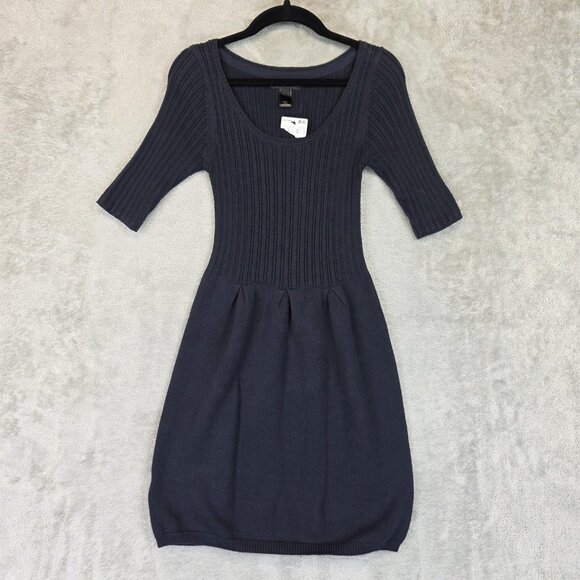 Mango Sweater Dress Womens XS Navy Ribbed Scoop Neck Elbow Sleeve Fit & Flare - Picture 1 of 16